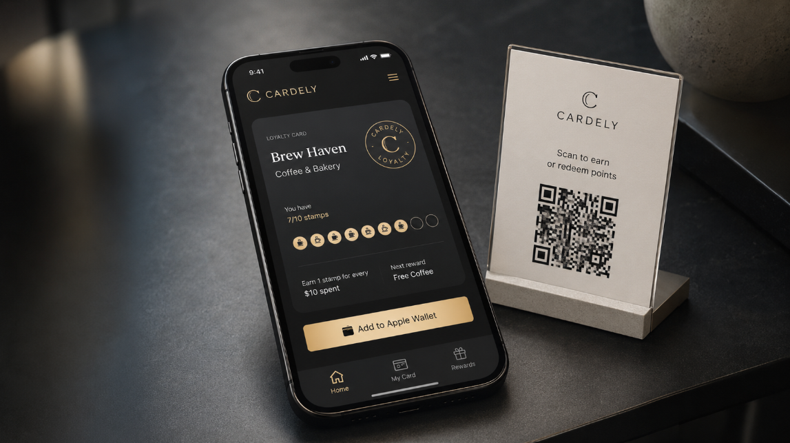 Carte de fidélité Cardely affichée sur un smartphone avec son QR code
